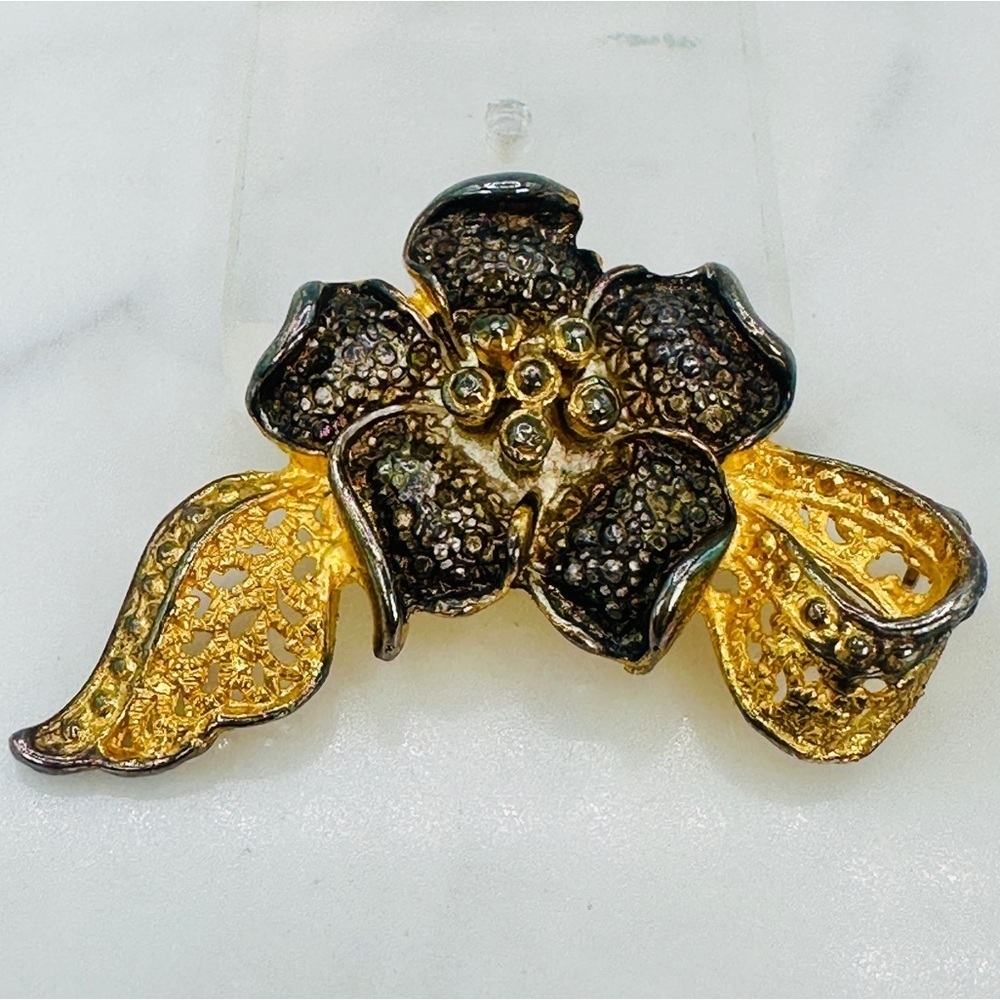 Flower Brooch Pin Gold Tone and Gunmetal Burnished Finish Ribbon Bow Romantic